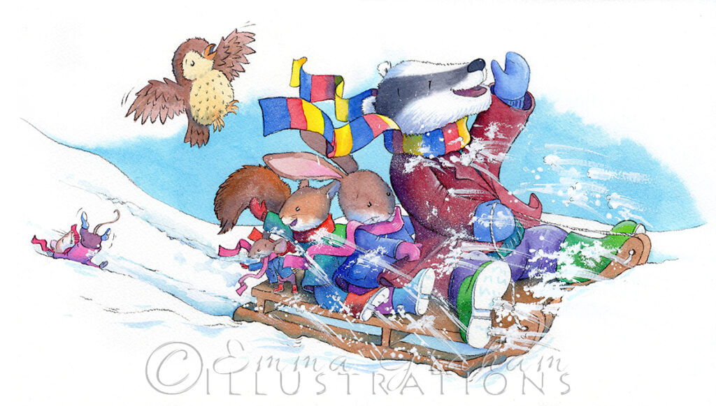 badger, rabbit, squirrel, mice and owl are sledging in the snow