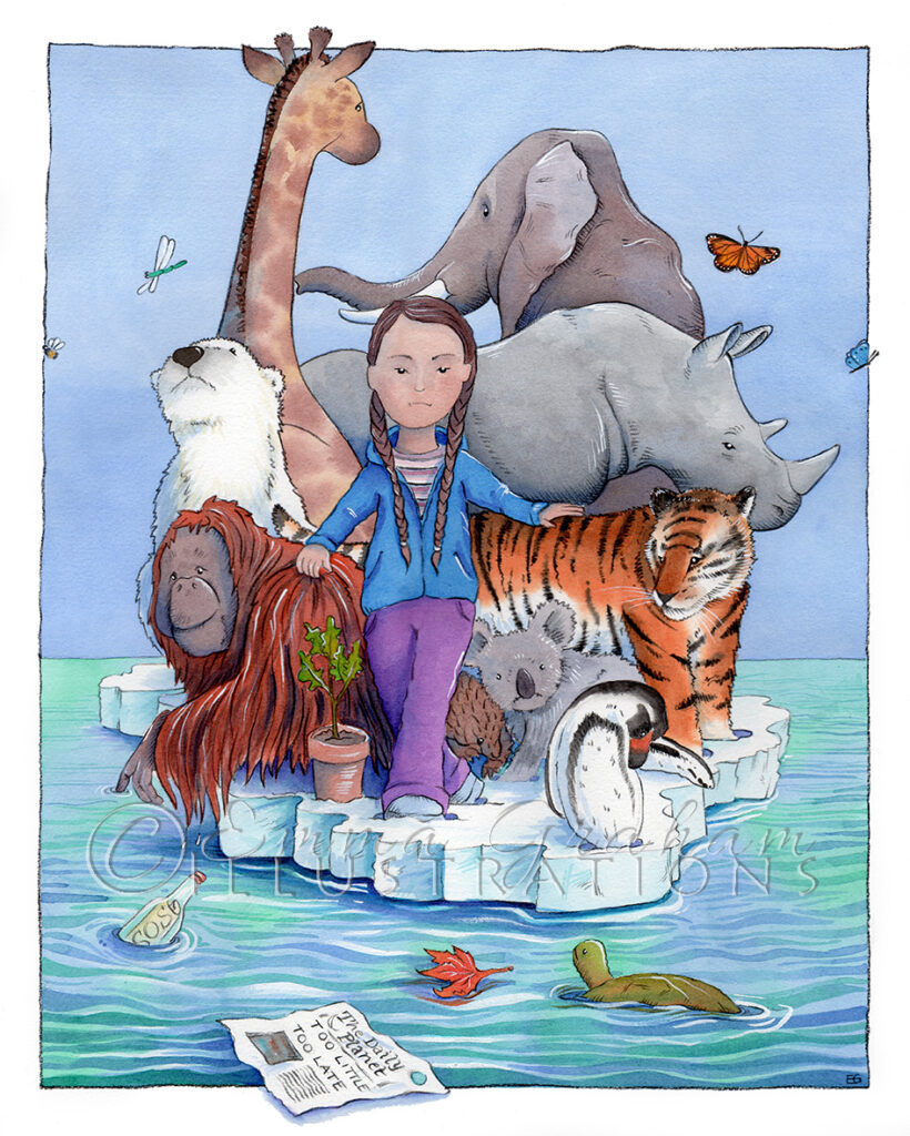 Greta on a small iceberg with a selection of endangered animals