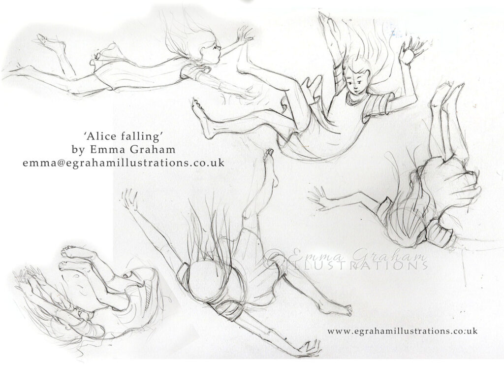 pencil drawings of Alice falling